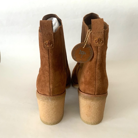 Ralph Lauren Marianna Tan Suede Pull-On Chelsea Booties Block Heel Ankle Boots